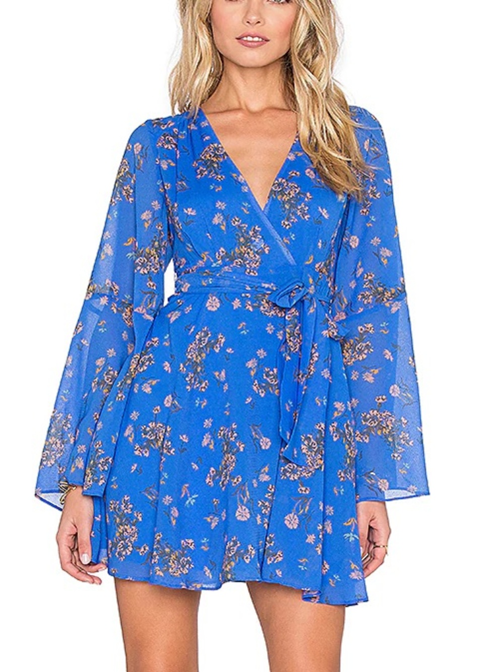 Free People Lilou Floral Wrap Mini Dress Blue Bell Sleeves Size Small